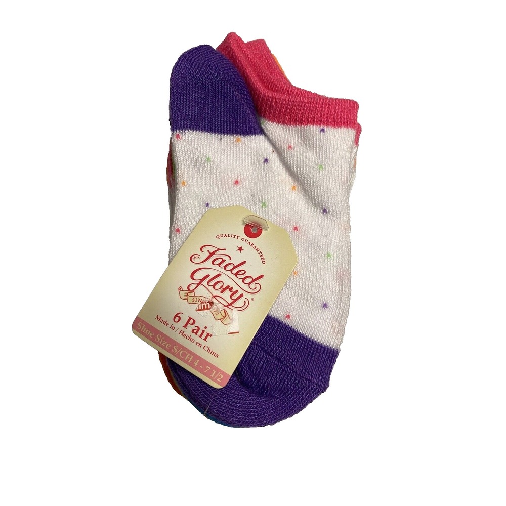 faded glory girls no shoe ankle socks 6 pairs size‎ small shoe 4-7.5